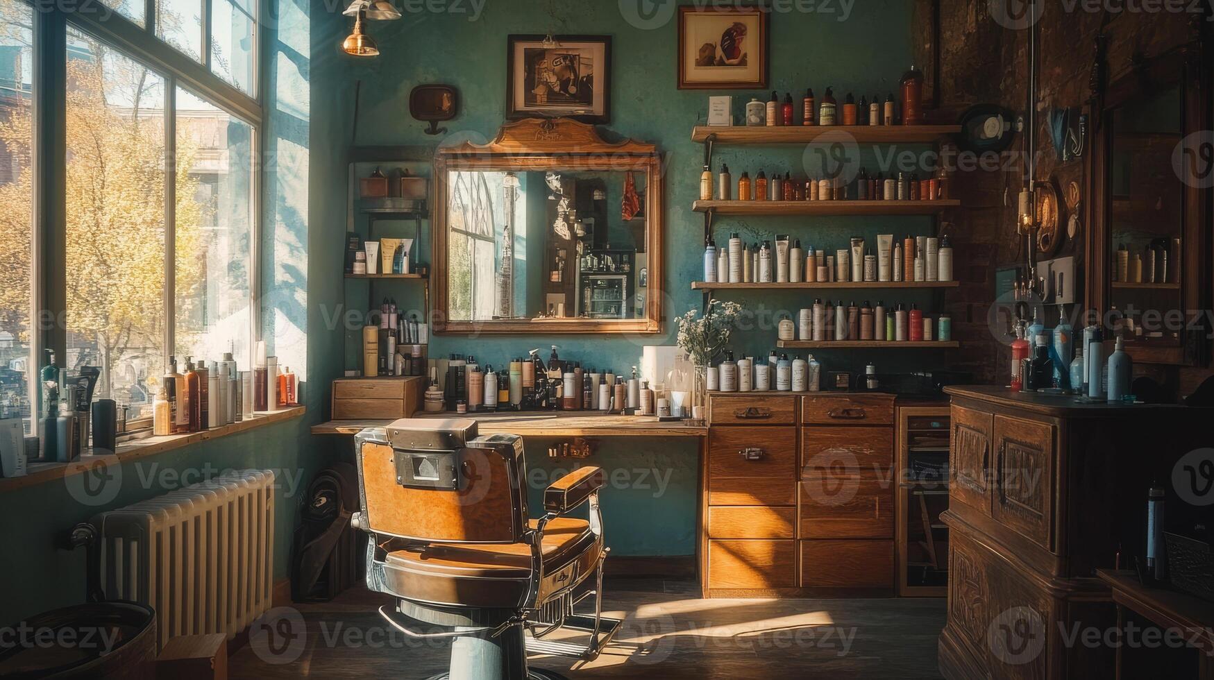 A cozy hair salon with vintage charm, featuring classic barber chairs, organized shelves of highquality hair products, and warm natural light that enhances the inviting atmosphere photo