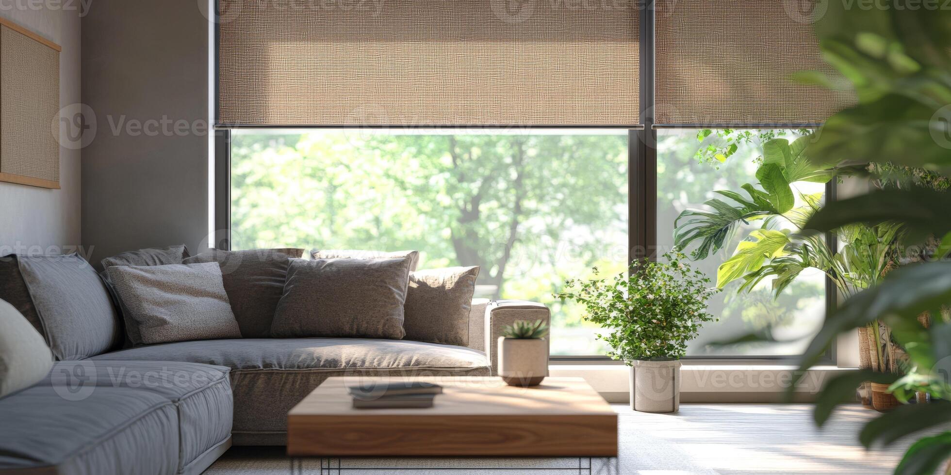 This modern apartment features advanced motorized roller blinds for convenience, abundant natural light, and plenty of comfortable seating, creating a stylish and inviting living space photo