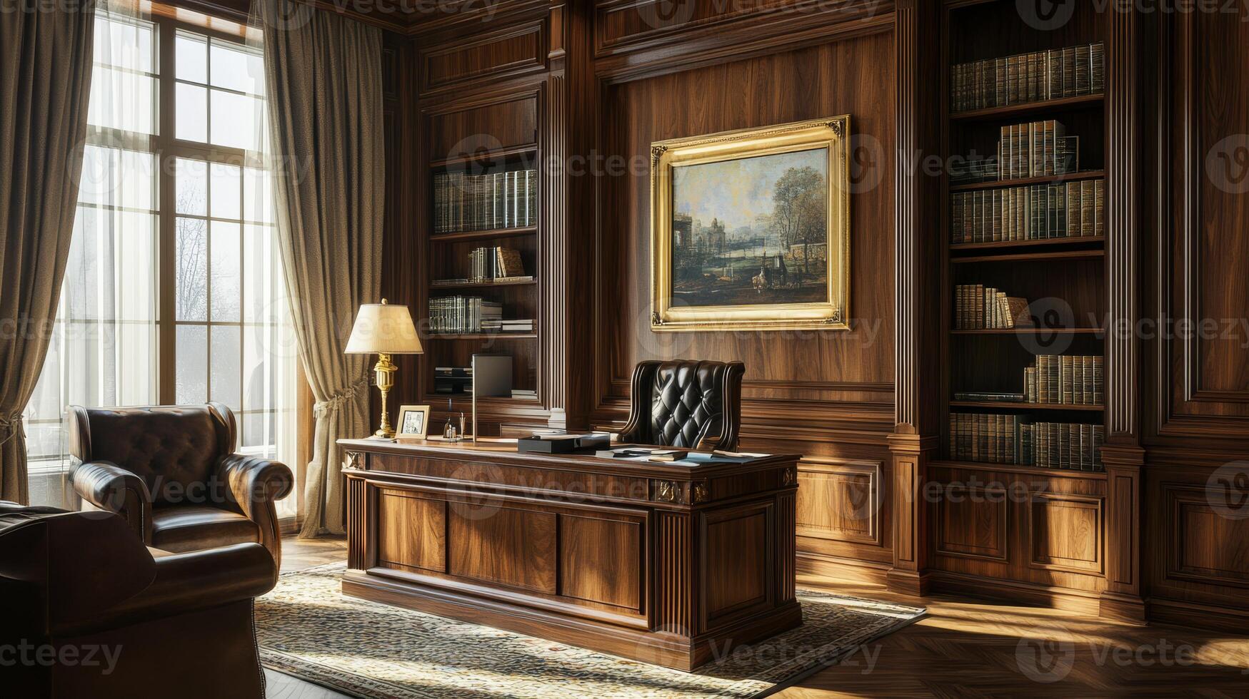 This sophisticated home office design showcases a large, beautifully crafted wooden desk, elegant furnishings, and shelves brimming with books, all of which radiate an air of professional authority photo