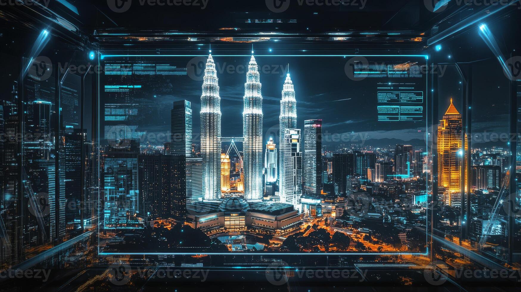 As night gracefully settles over the vibrant city skyline, the iconic towers and dynamic tech elements come alive, beautifully embodying innovation and the energetic pulse of urban life photo