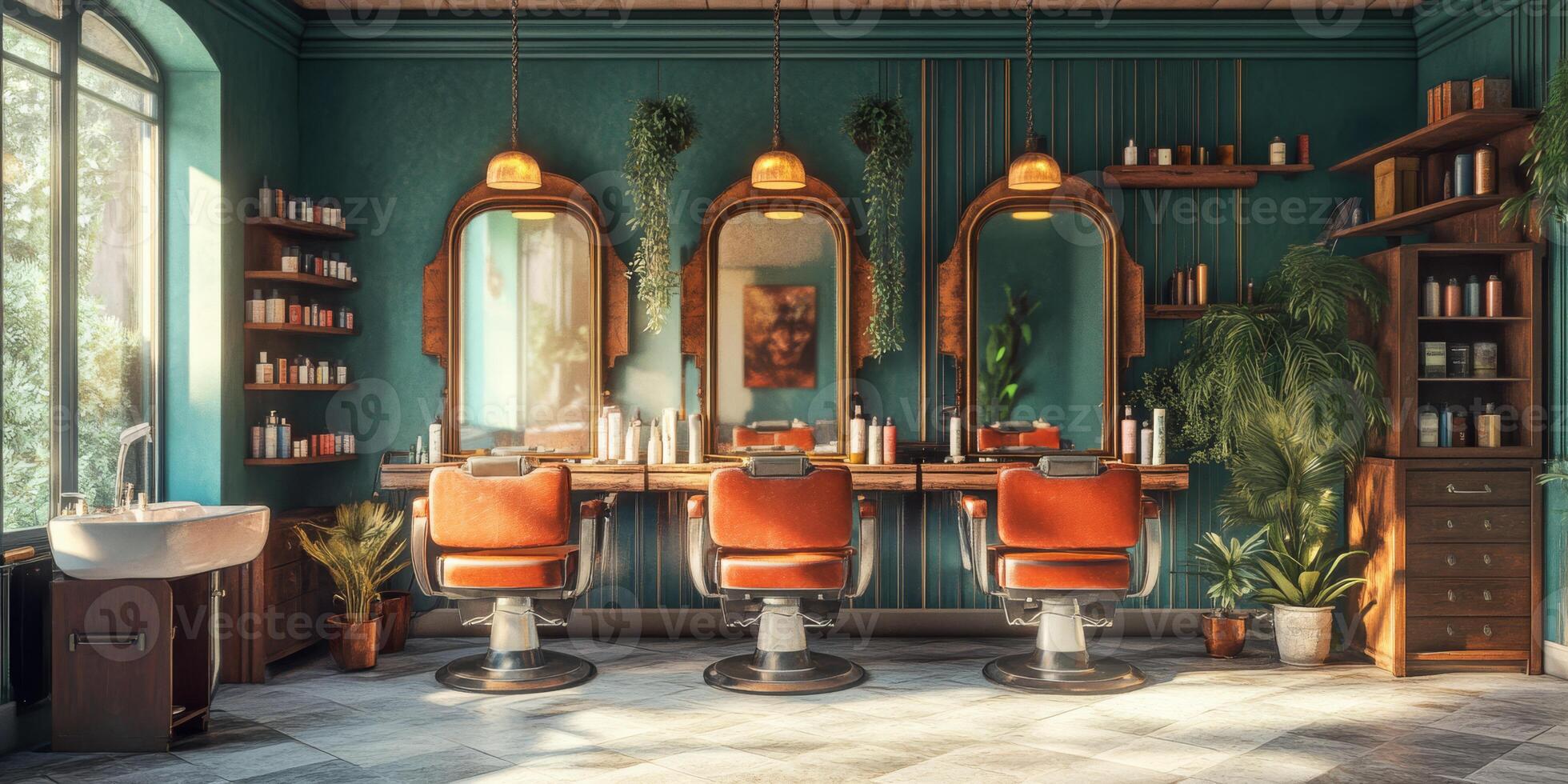 This stylish hair salon features unique antique decor, comfy seating, and vibrant greenery, creating a relaxing atmosphere for all clients seeking a rejuvenating beauty experience photo