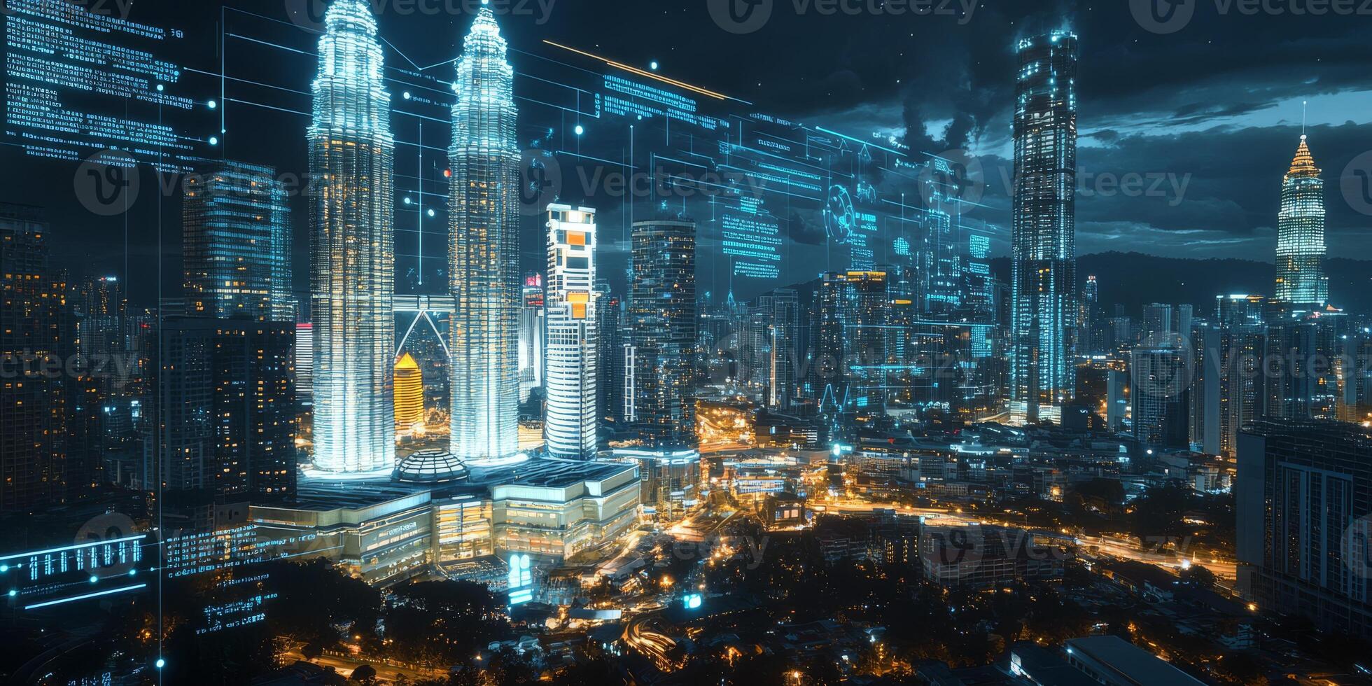 This captivating artwork showcases a vibrant city skyline at night, highlighting the technological innovations and energetic atmosphere that define modern urban life and diverse culture photo