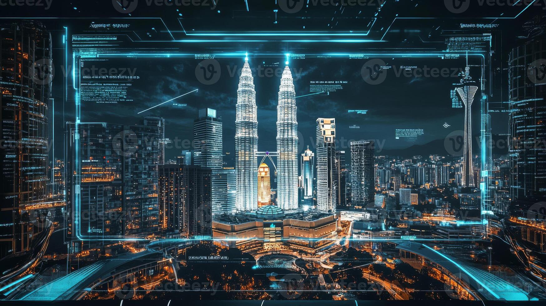 Imagine a vibrant city skyline with the illuminated Petronas Towers, showcasing dynamic energy flows and a complex technology network throughout the urban landscape, creating a breathtaking view photo