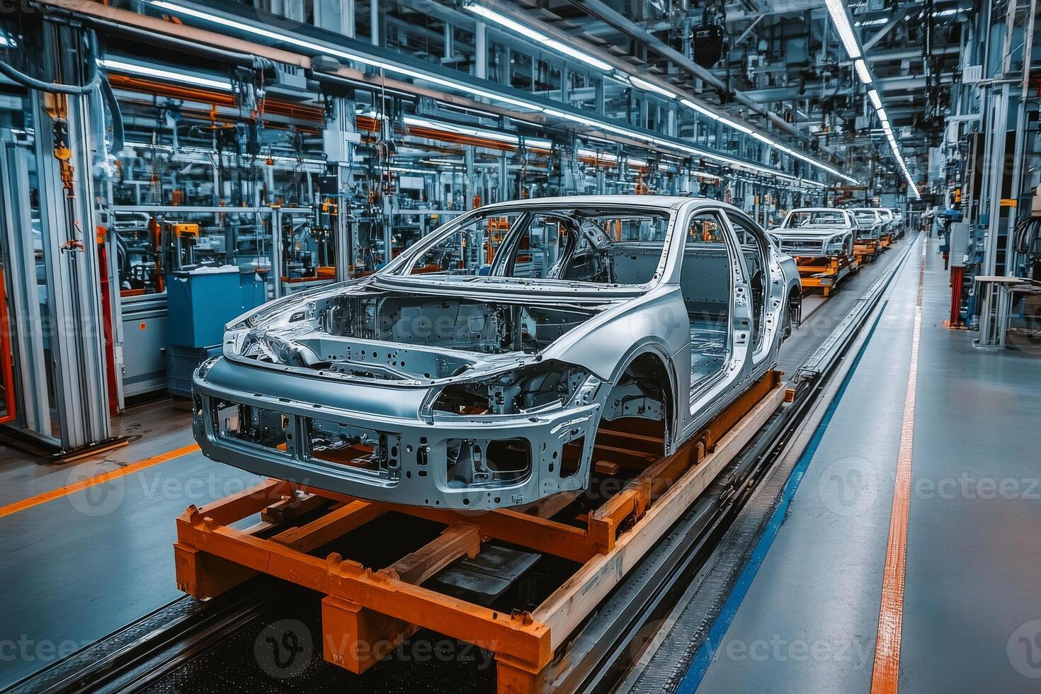 Experience the modern automotive assembly line, showcasing the complex process of car chassis production with advanced technology and automation for maximum manufacturing efficiency photo