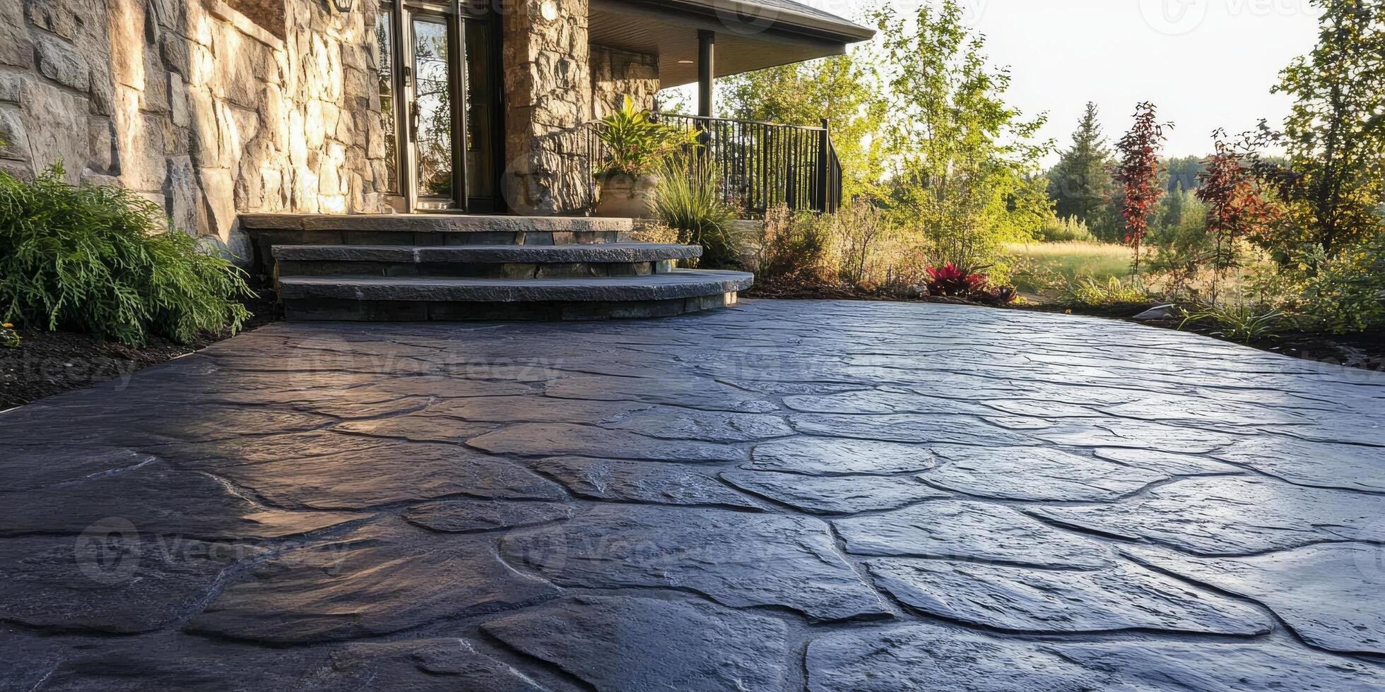 Discover the stunning stamped concrete patio that enhances residential architecture, offering a luxurious exterior and beautiful landscaping that makes it stand out in the neighborhood photo