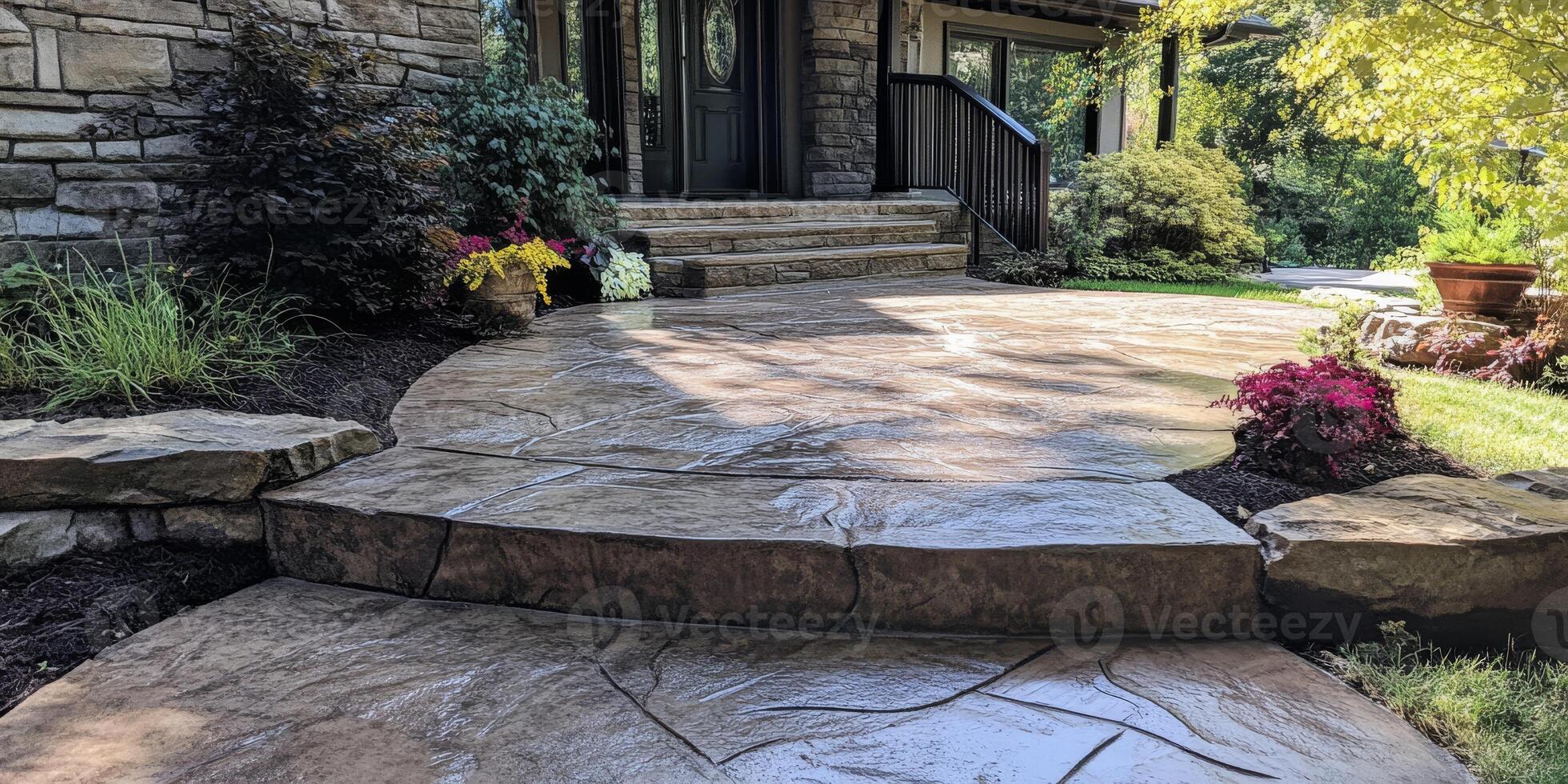 A stunning stamped concrete patio leads guests to a beautiful home, surrounded by lush landscaping in autumn colors, highlighting luxury and modern renovations that enhance the propertys appeal photo