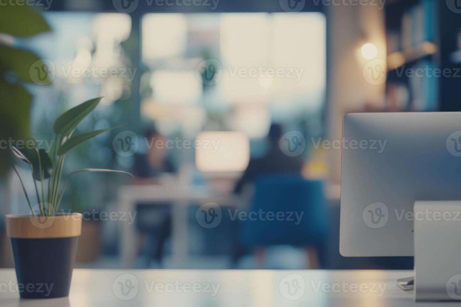 A bright and modern office workspace, thoughtfully designed with sleek corporate furniture, a lush green plant, and a computer, all working together to create an inviting and professional atmosphere photo
