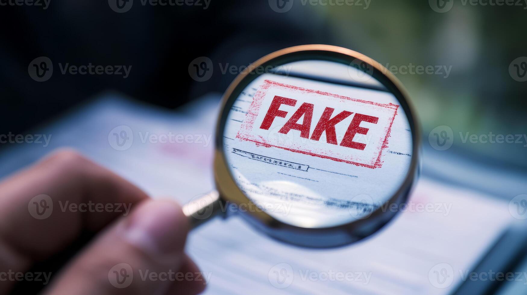 A magnifying glass reveals FAKE on an important document, symbolizing the critical investigation required for effective fraud detection and authenticity verification in different situations photo