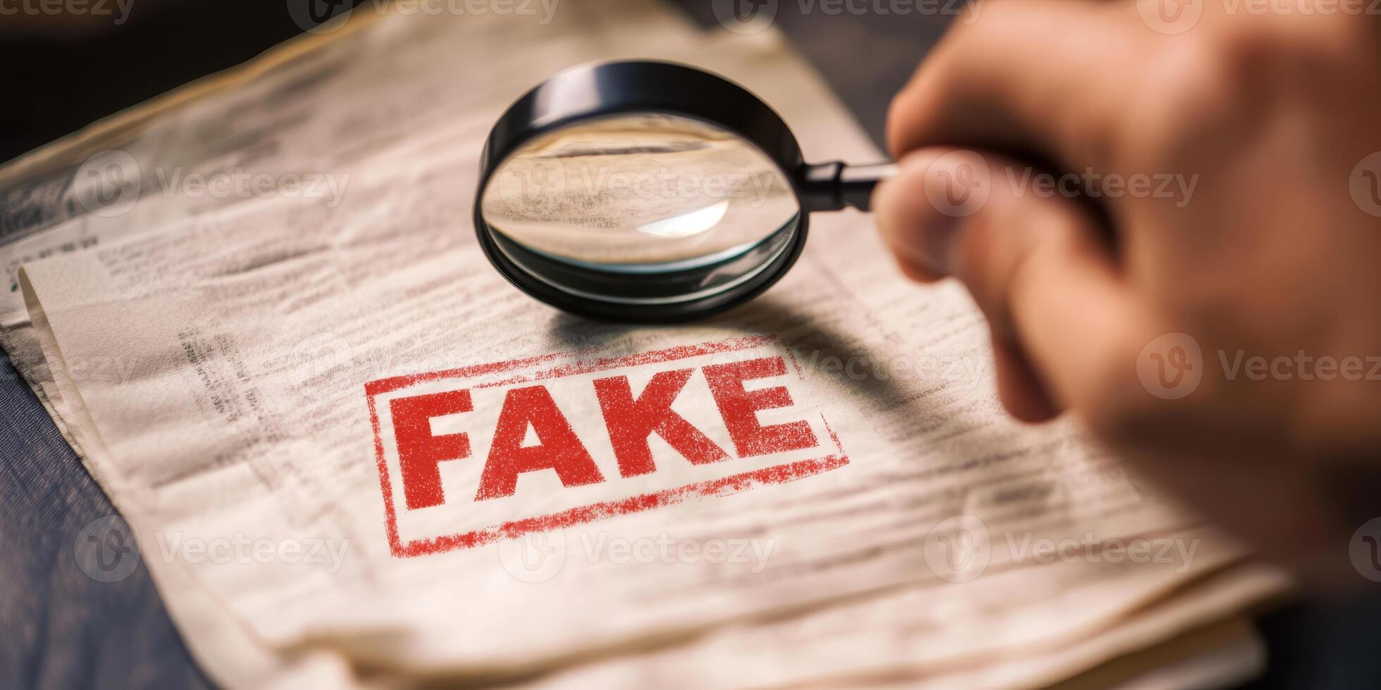The image shows a magnifying glass over a bold FAKE stamp, emphasizing the need to investigate and verify document authenticity for validity and reliability in different contexts photo