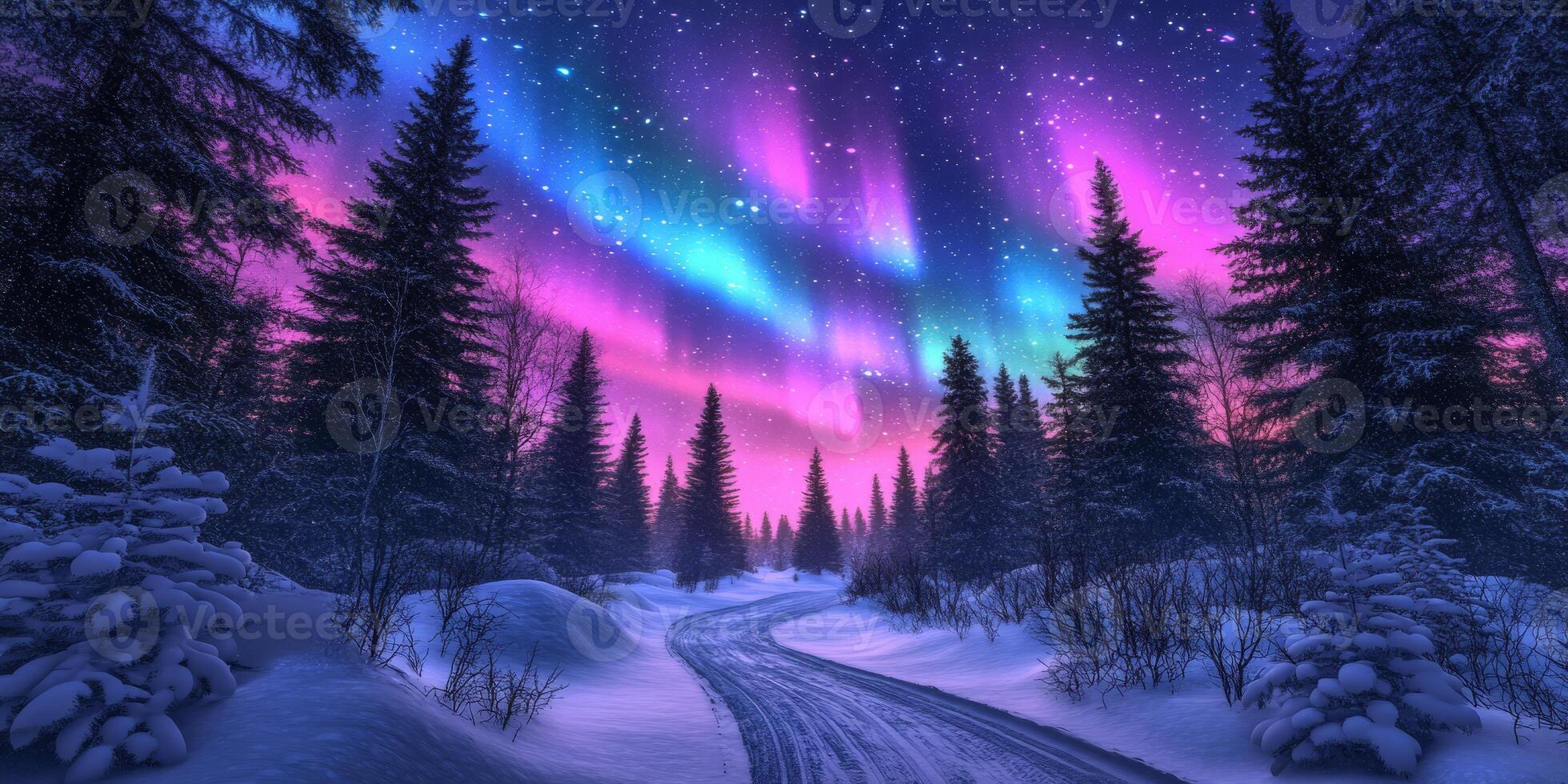 Experience the breathtaking and enchanting beauty of a snowcovered forest, illuminated by the mesmerizing Northern Lights, all set in a dreamy winter landscape that captivates the senses photo