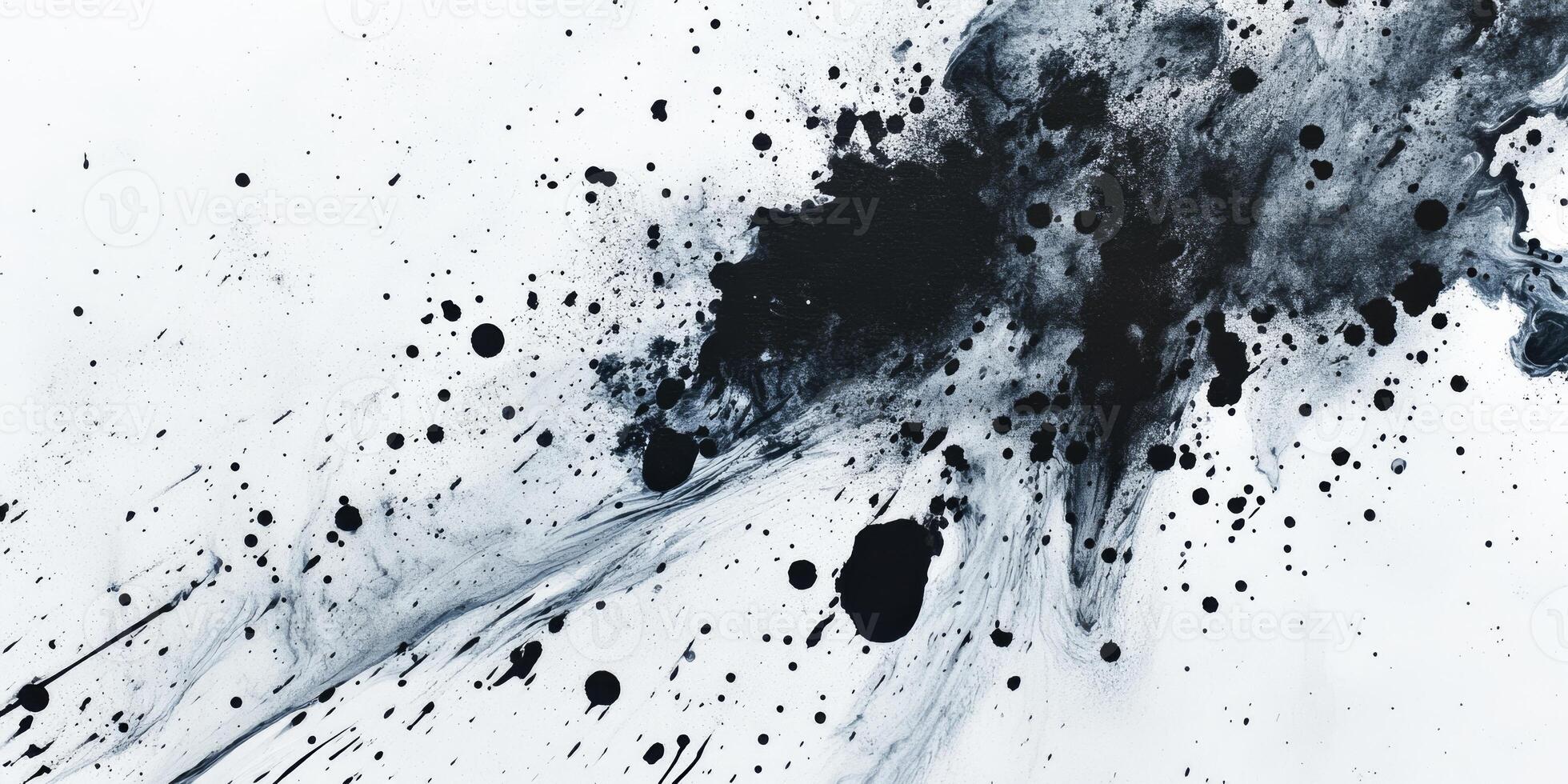 An intricate and artistic representation of a chaotic black paint splash beautifully situated on a pristine white canvas, skillfully showcasing a variety of textures, shapes, and forms with depth photo