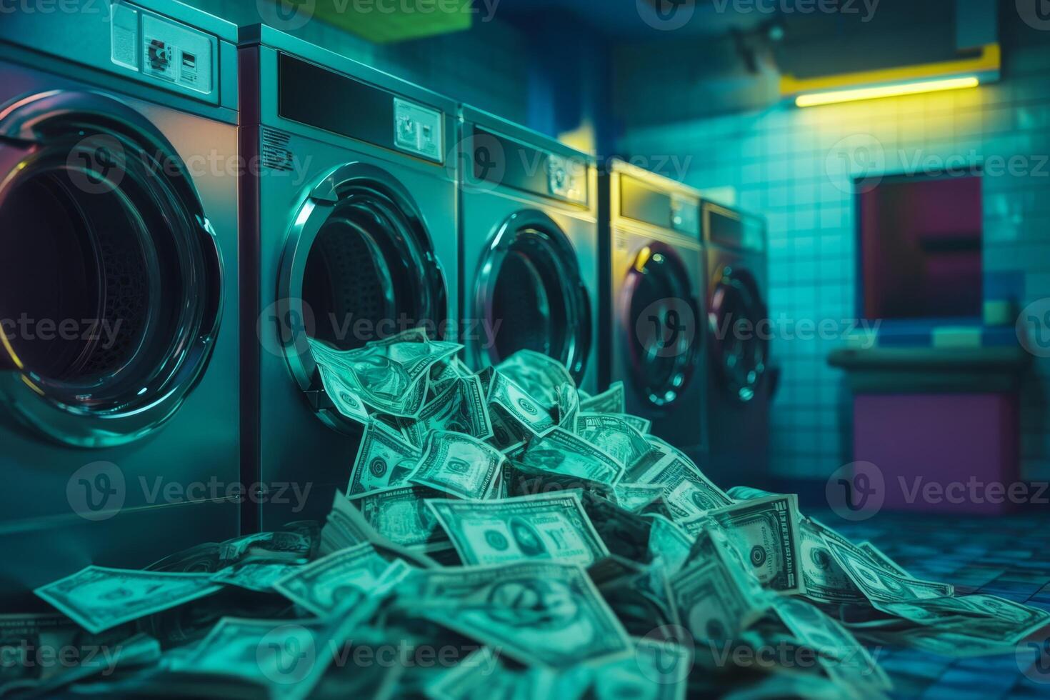 An image vividly showcasing the concept of money laundering, featuring stacks of cash artfully placed around washing machines, which symbolizes the shady world of illegal finance activities photo