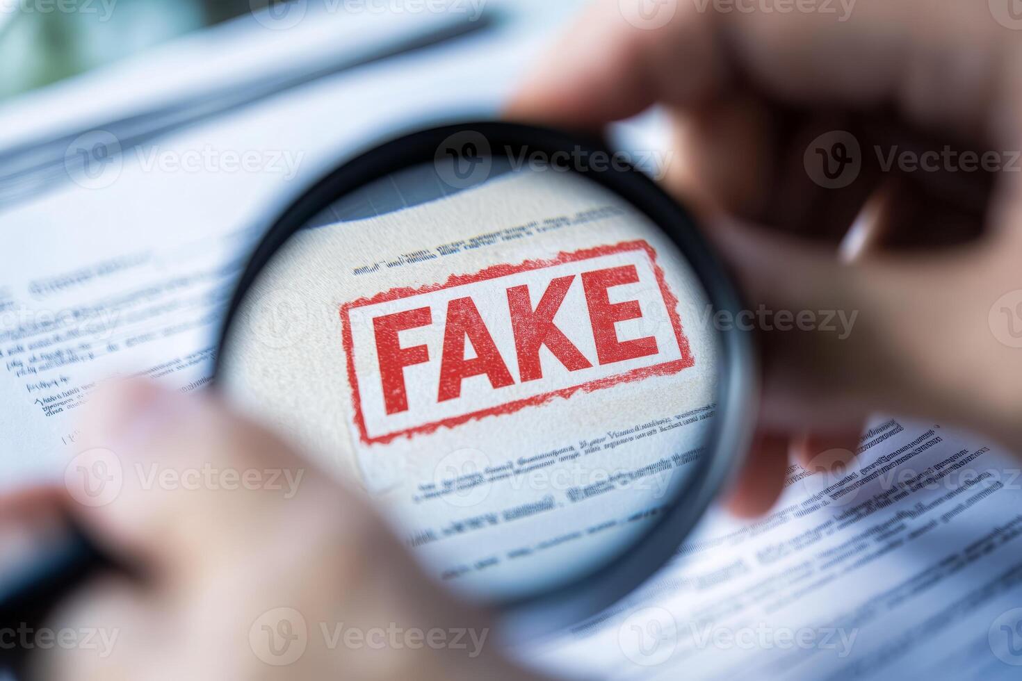 A magnifying glass reveals a FAKE stamp on a key document, highlighting the vital processes of fraud detection, detailed analysis, and verification essential for thorough investigations photo