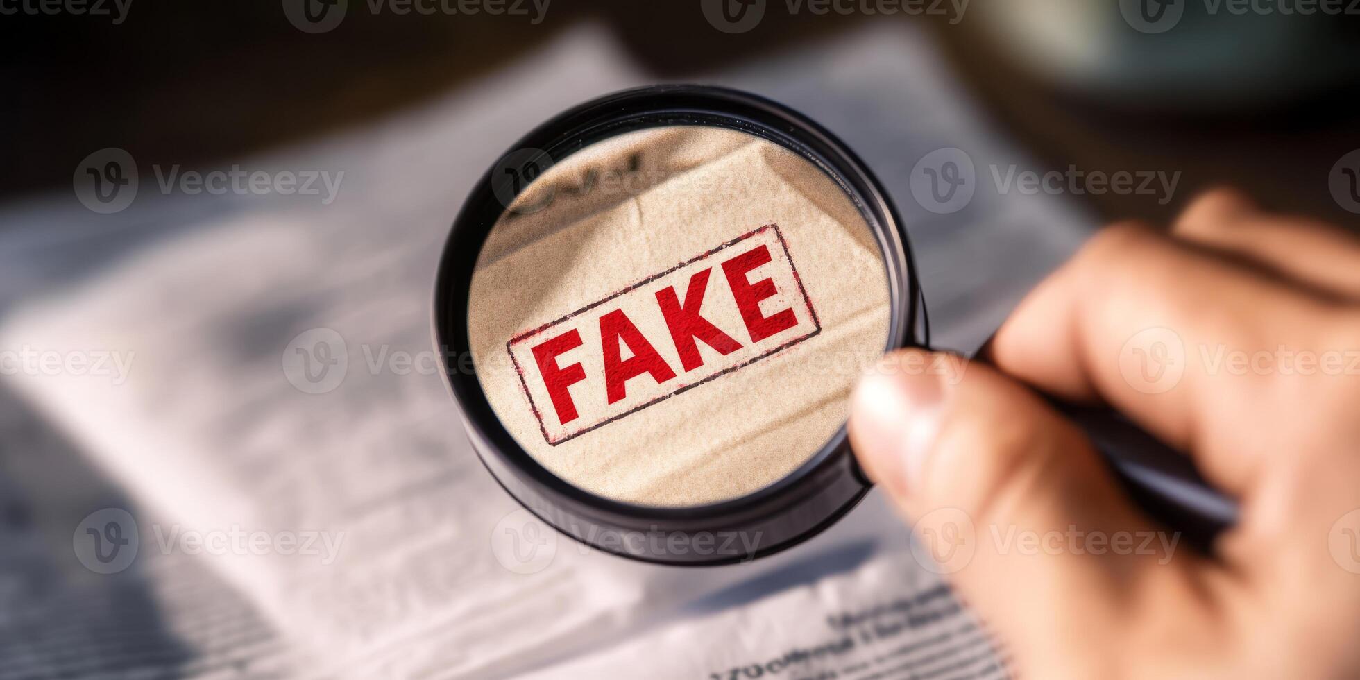 A hand grips a magnifying glass over a document labeled FAKE, highlighting the scrutiny in fraud detection and the crucial steps to authenticate evidence before making conclusions photo
