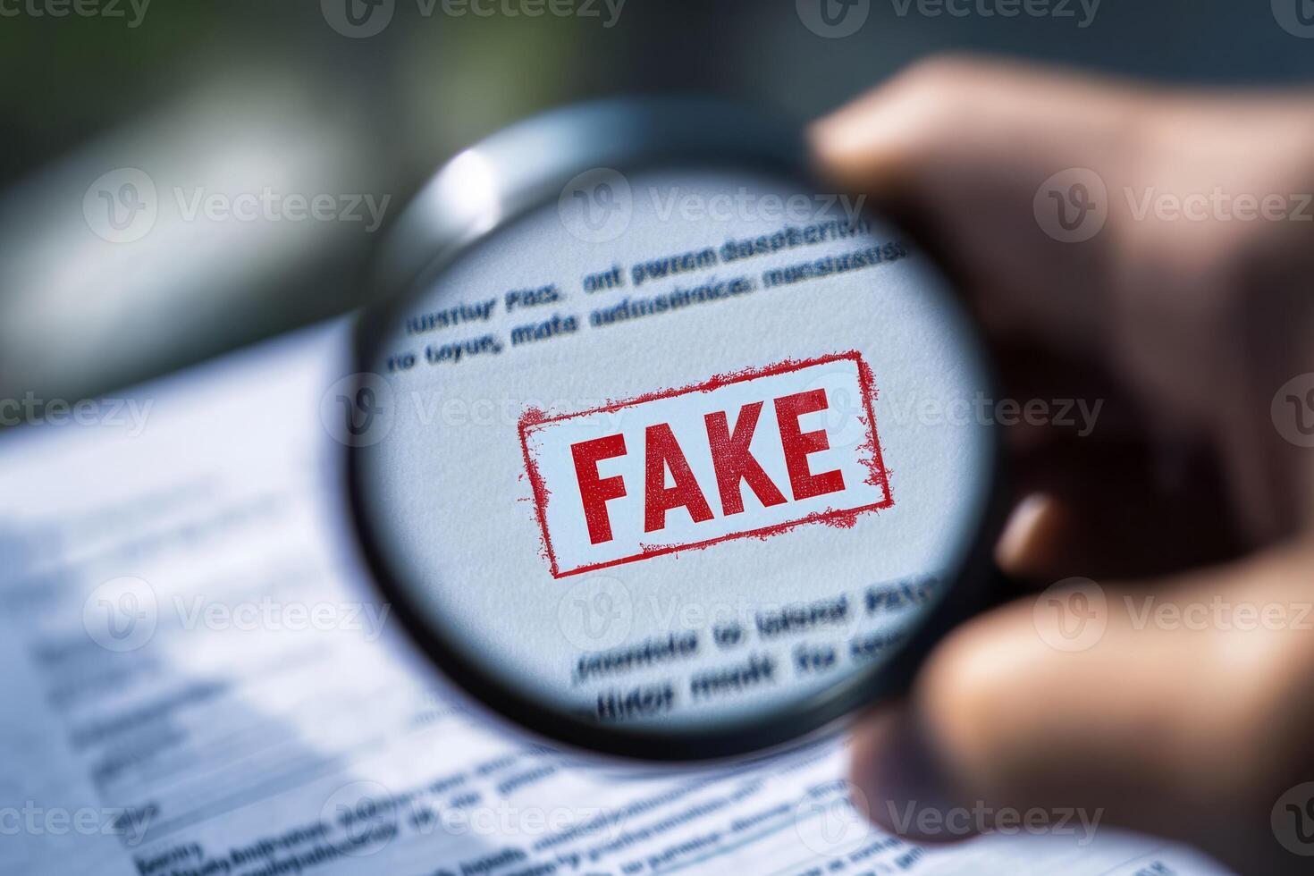 This image illustrates the crucial process of fraud detection, highlighting the need for careful document examination with a magnifying glass to reveal authenticity issues for trust and security photo