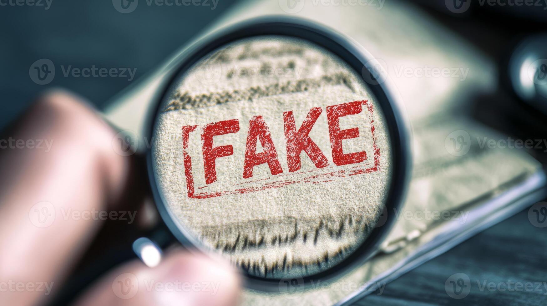 Using a magnifying glass reveals a FAKE stamp on a document, highlighting the need for thorough investigations and the importance of fraud detection and careful analysis for effective results photo