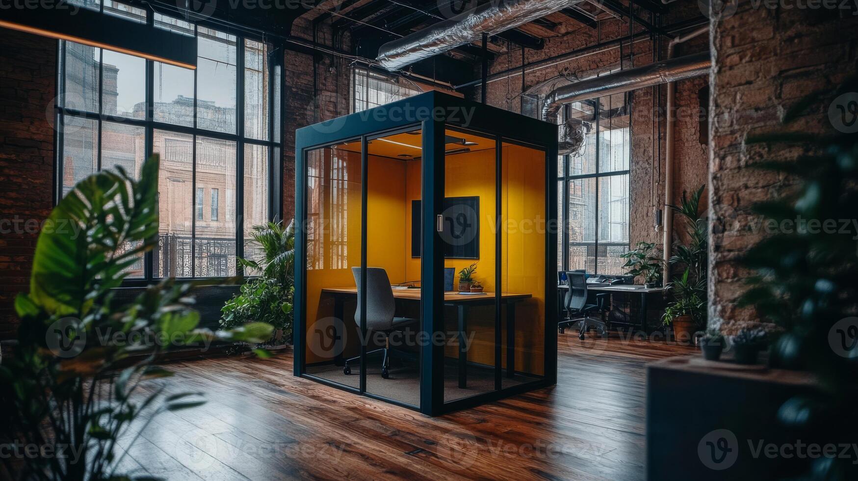 Todays modern office features stylish meeting pods, sleek glass partitions, contemporary furniture, and vibrant plants, creating an inviting, collaborative, and visually appealing workspace photo