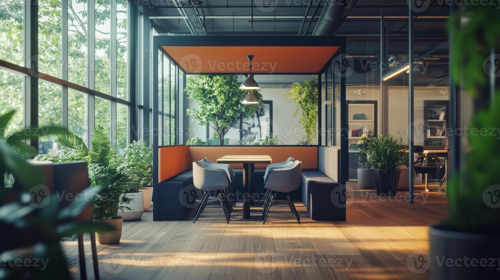 This modern office features a stylish meeting pod, glass partitions for visibility, and vibrant plants, all designed to enhance collaboration and create a dynamic work environment photo