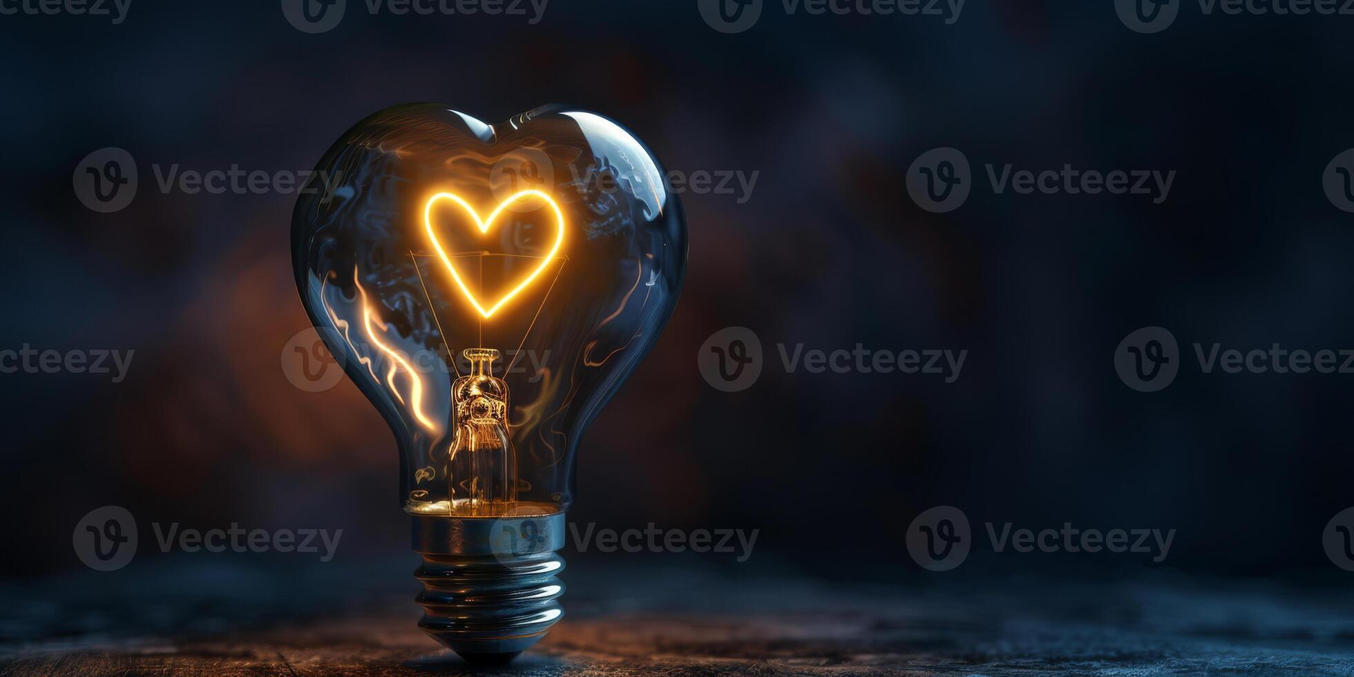 Heart-shaped lightbulb glowing in the dark, symbolizing love and creativity, perfect for inspirational themes. photo