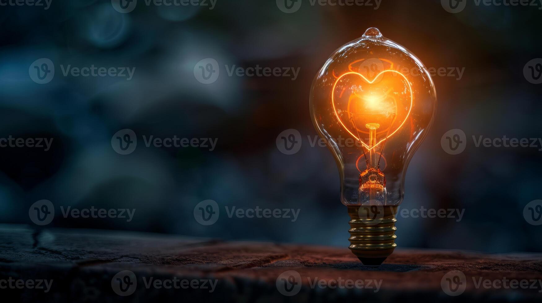 Heart-shaped filament glowing in a light bulb against a blurred backdrop, symbolizing love and ideas. photo