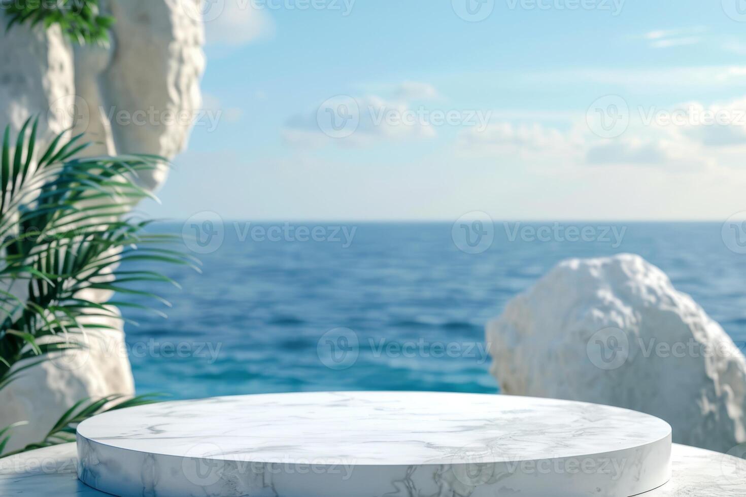 Discover a stunning, elegant white podium that stands in front of a serene, breathtaking ocean backdrop, perfect for presentations, gatherings, or special memorable events of all kinds photo