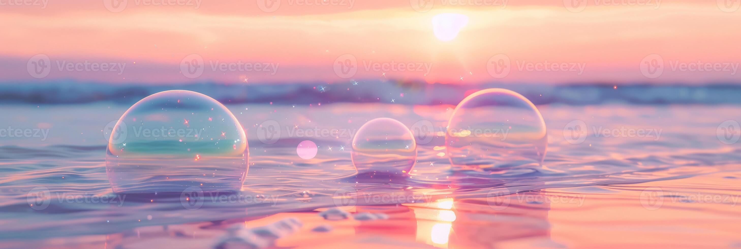 There is a beautiful and serene ambiance created by a gorgeous sunset with bubbles floating over calm waters photo
