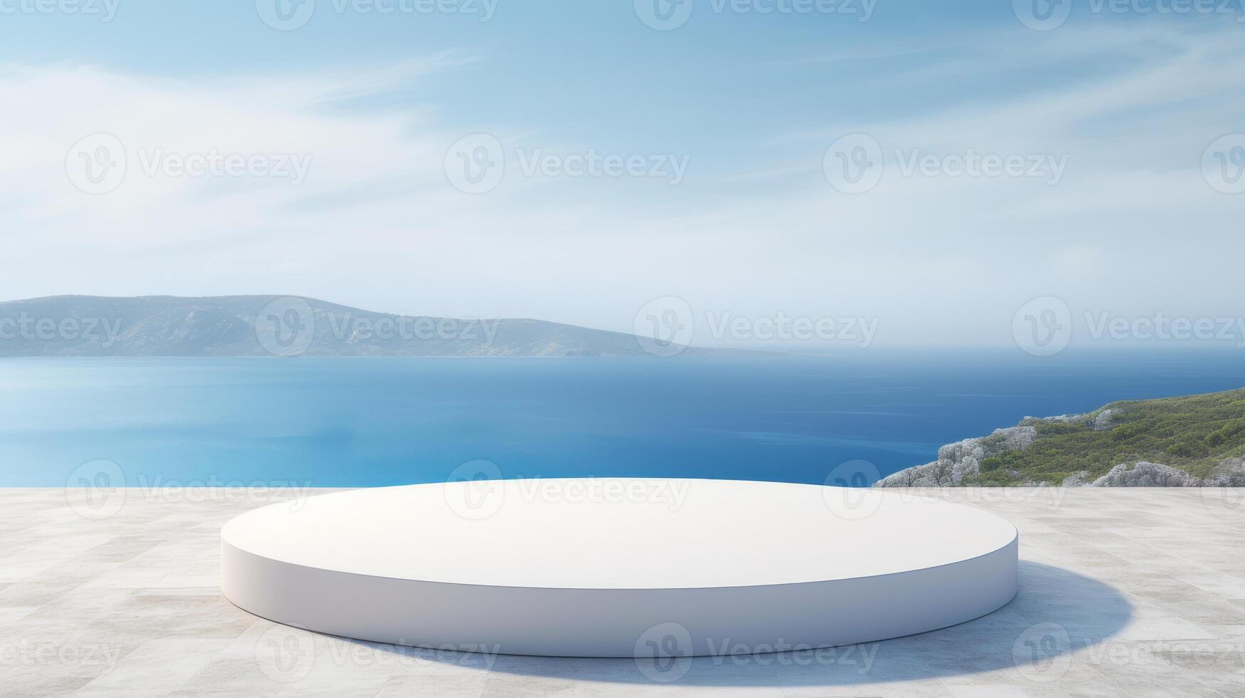 A beautifully designed modern round podium is set against a breathtaking ocean view, making it the ideal location for presentations and events in a tranquil and peaceful natural setting photo