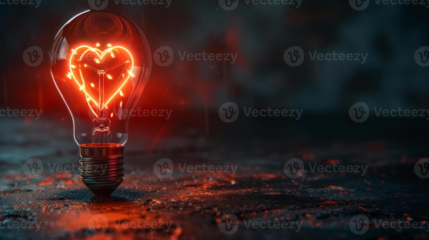 Lit heart-shaped filament in a lightbulb with a dark ethereal background, symbolizing love and creativity. photo