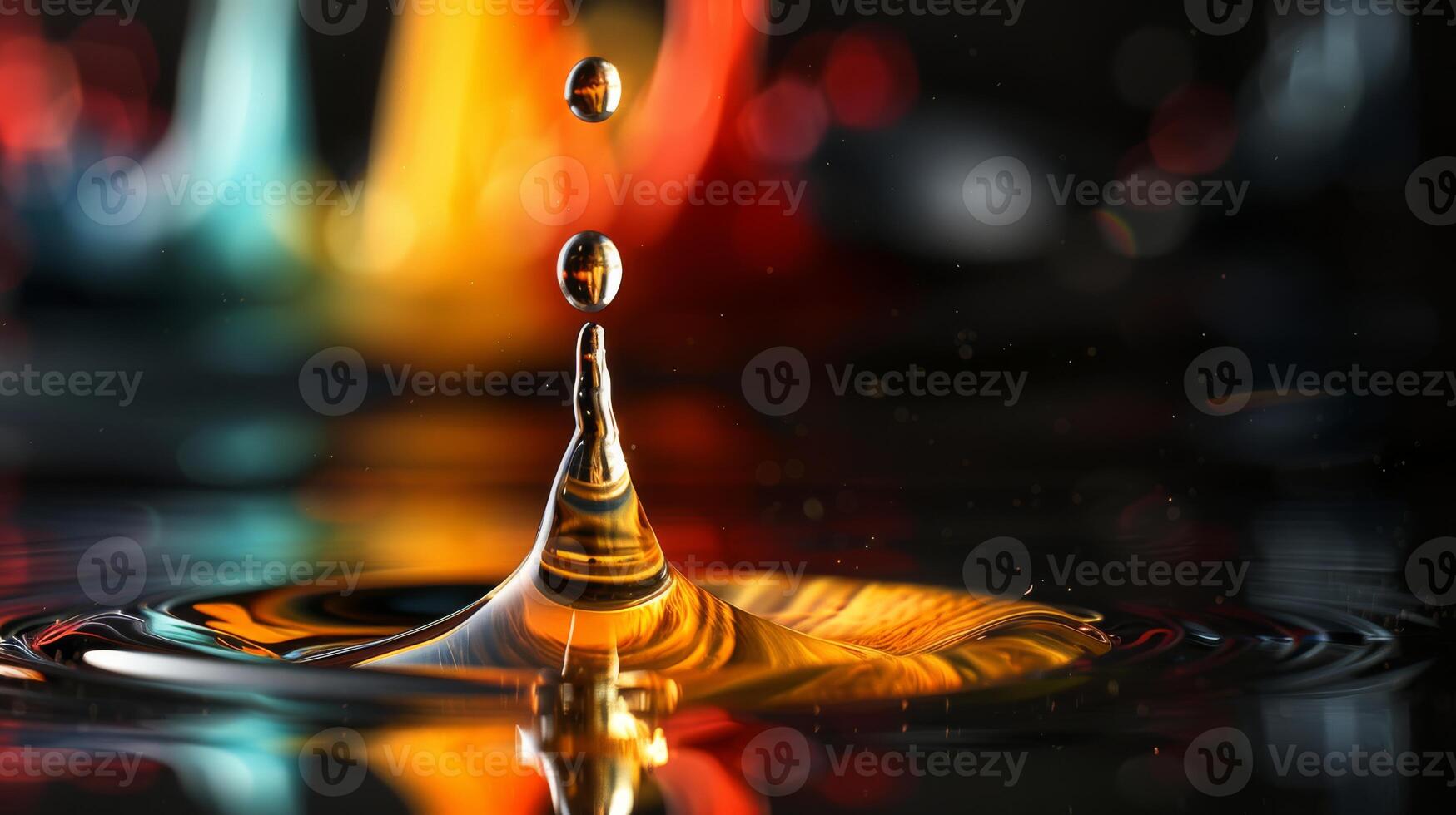 A detailed closeup of a colorful water drop creating ripples on an abstract and vibrant HDR background photo