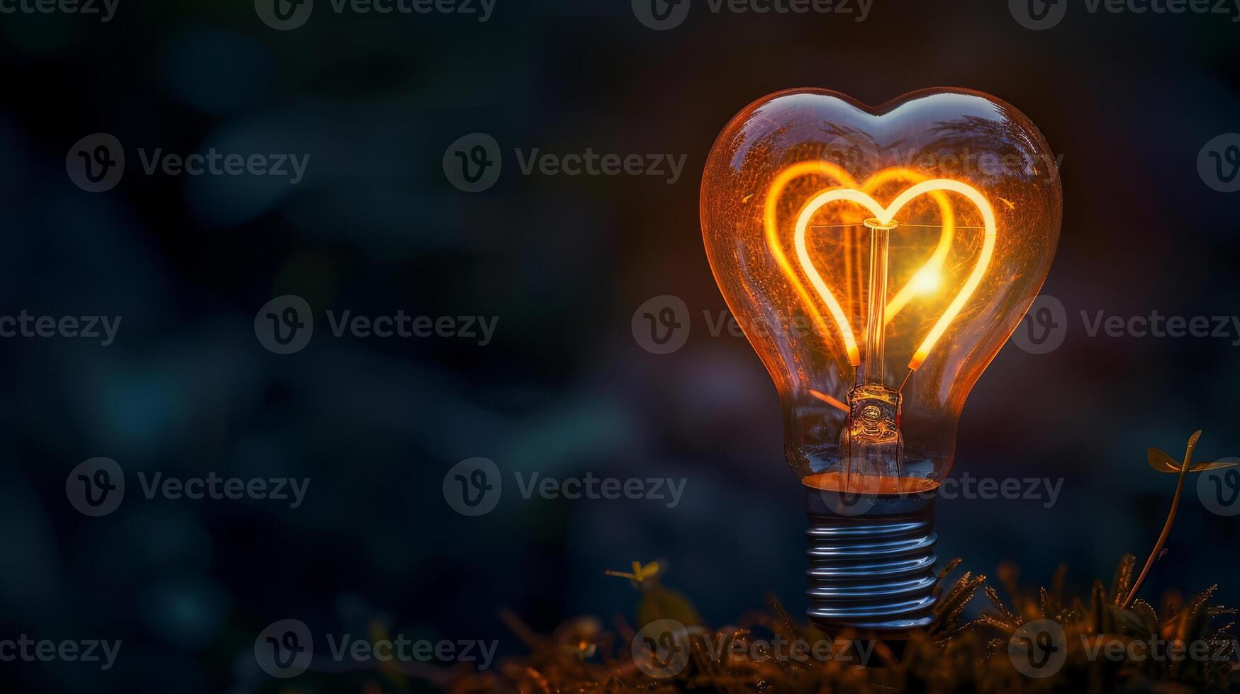 In a dark background, a heartshaped filament glows in a light bulb on grass, evoking a serene and romantic atmosphere photo