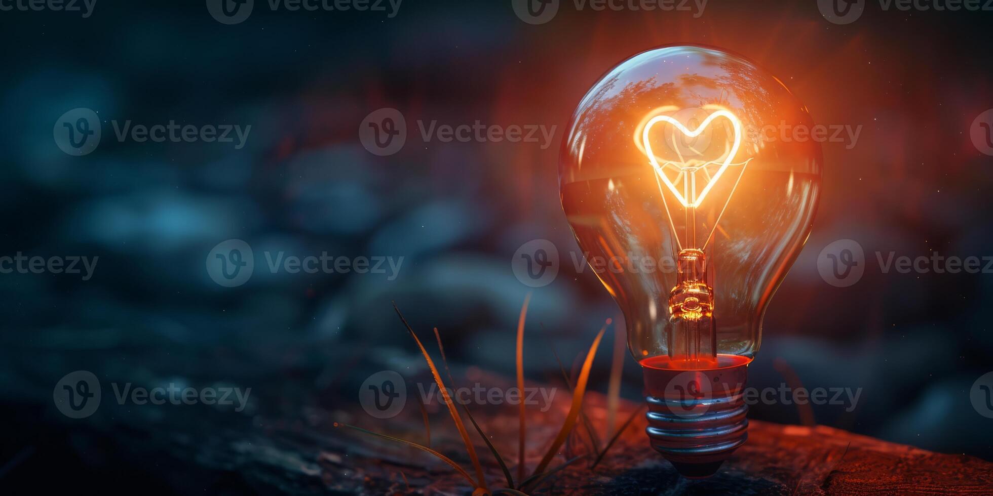 A glowing lightbulb with a heart-shaped filament, symbolizing inspiration and creativity, in a dark setting. photo