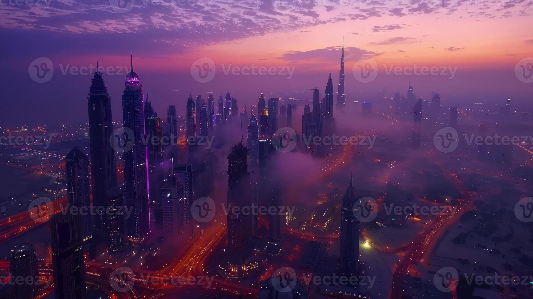 Breathtaking view of Dubai's skyline illuminated at dusk with vibrant colors and towering skyscrapers. photo