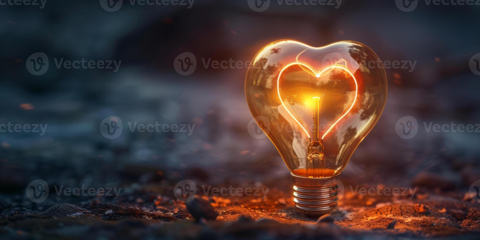 Artful heart-shaped light bulb glowing warmly against a dark, blurred background, symbolizing love and innovation. photo