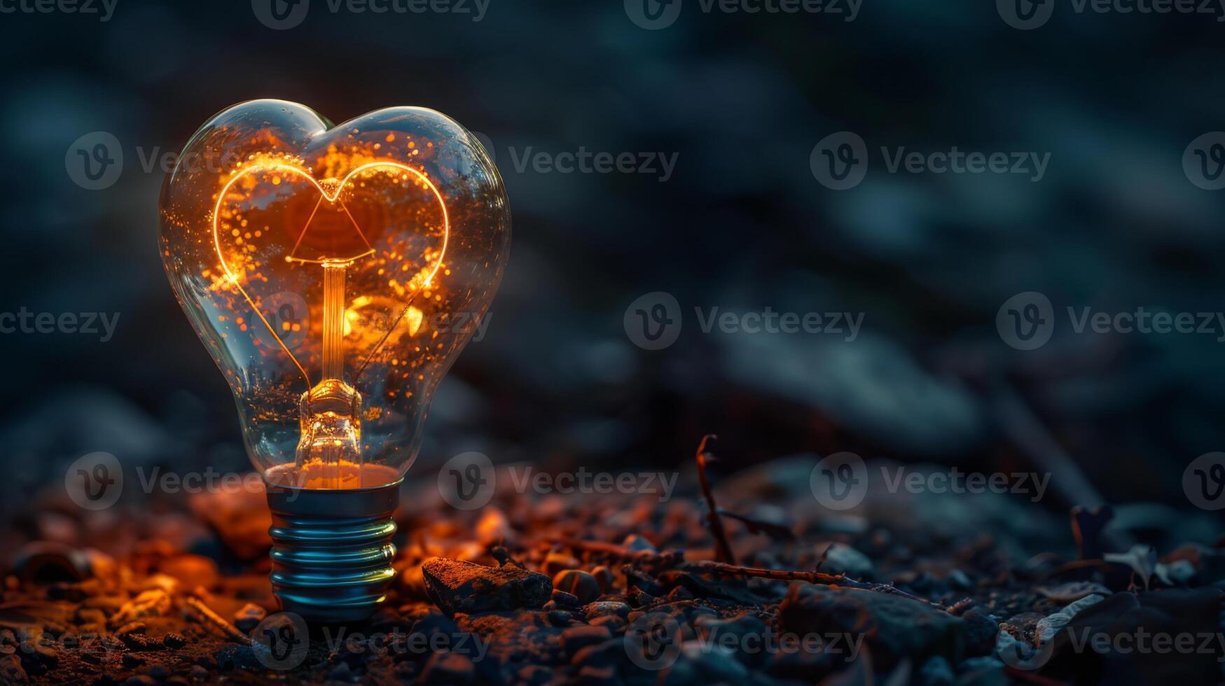 A heartshaped light bulb glows warmly on rock, symbolizing love and innovation in a unique and creative way photo