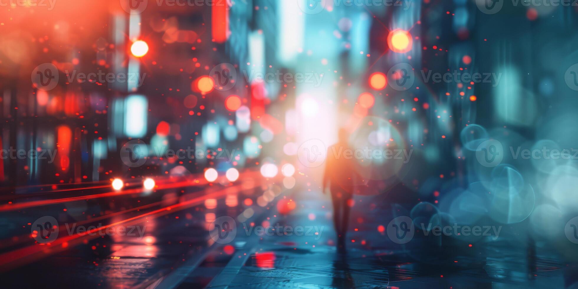 A figure walks on a rainy city street at night, lit by neon lights, creating a contemplative atmosphere photo