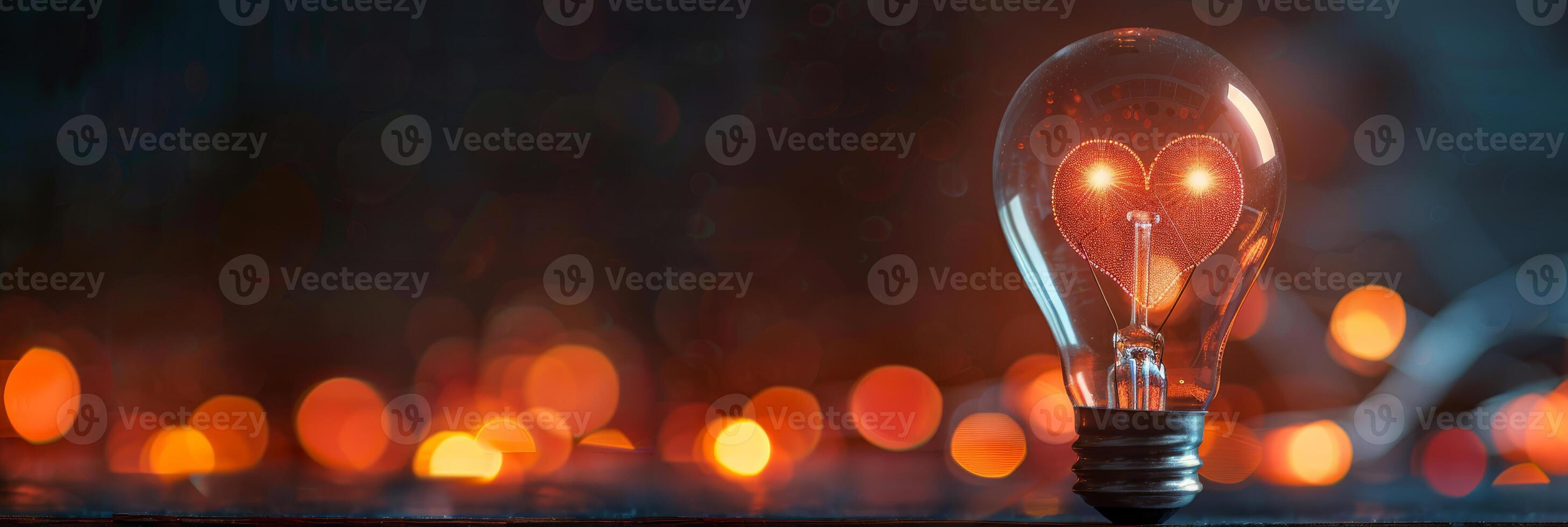 A light bulb is illuminated, surrounded by soft, defocused bokeh lights, creating a magical ambient glow photo
