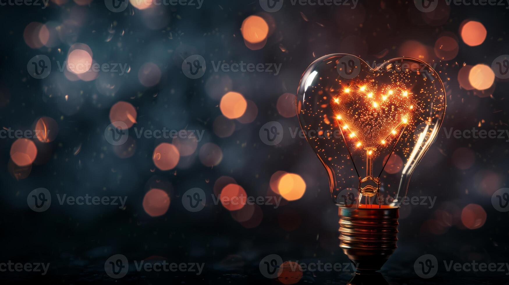 Heart-shaped filament light bulb glowing with a bokeh effect in the background, symbolizing love and creativity. photo