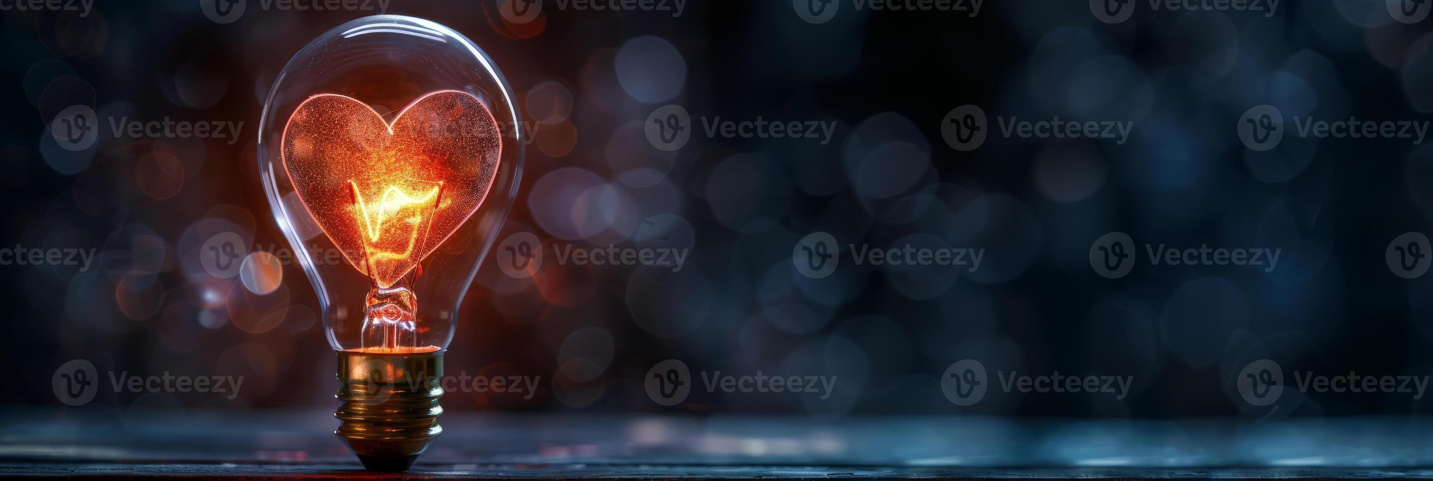 The heartshaped filament inside a light bulb glows, creating an emotional ambiance against a dark bokeh background photo