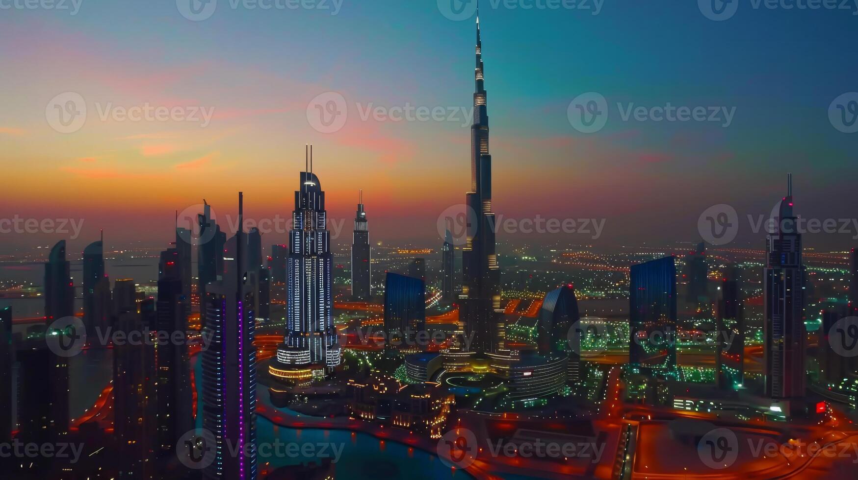 Experience the breathtaking view of Dubais stunning skyline at sunset, showcasing the iconic Burj Khalifa photo