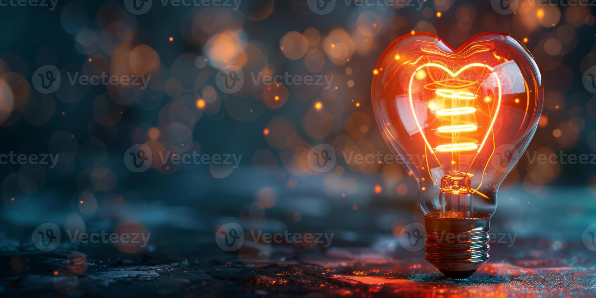 Heart-shaped bulb emitting warm light with artistic bokeh effect in the background, symbolizing love and creativity. photo