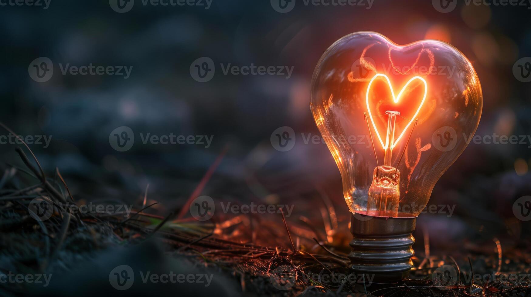 A bulb on the ground glows in the dark with a heartshaped filament, symbolizing creativity, emotion, and warmth photo