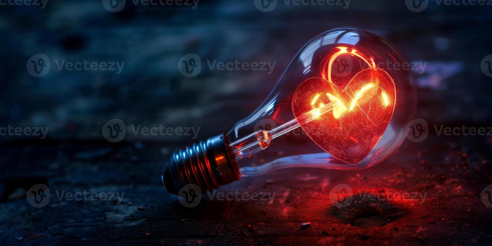 A light bulb with a glowing red heart-shaped filament set against a dark background, symbolizing love and inspiration. photo