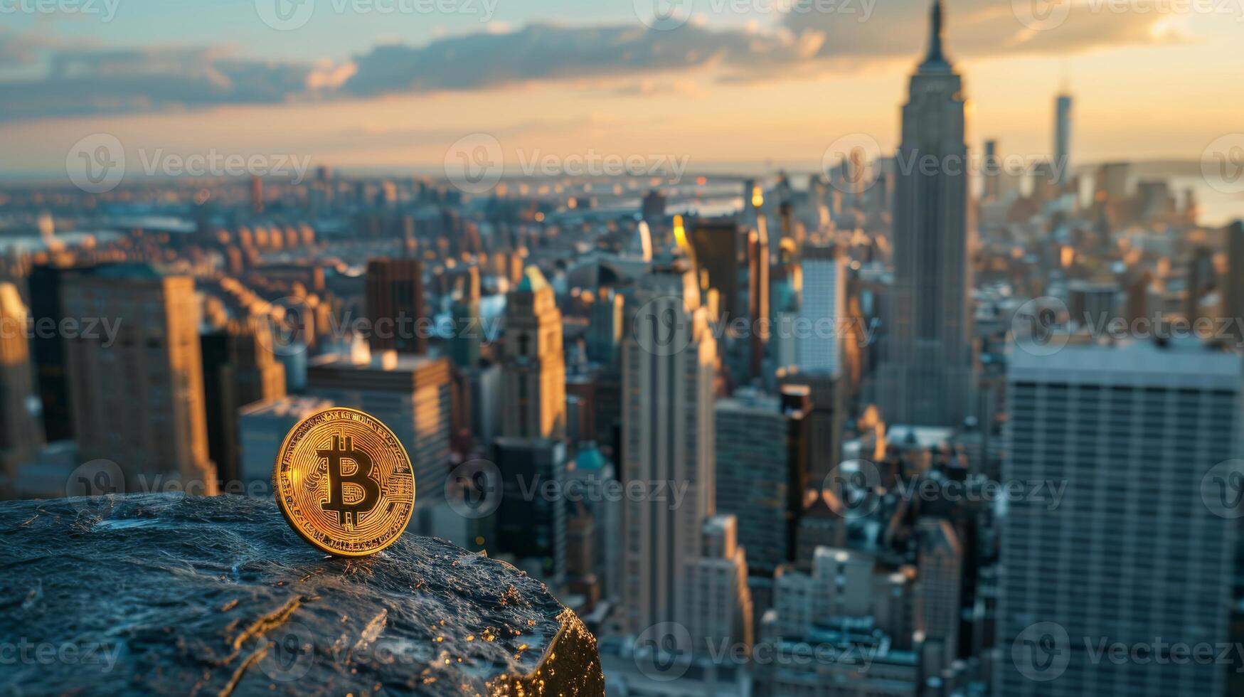 Golden Bitcoin coin on New York City skyline background at sunset, representing cryptocurrency in the urban landscape. photo