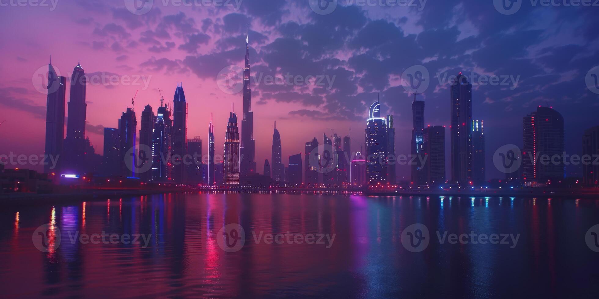 A breathtaking view of Dubai's skyline at dusk, showcasing stunning architecture and vibrant reflections. photo