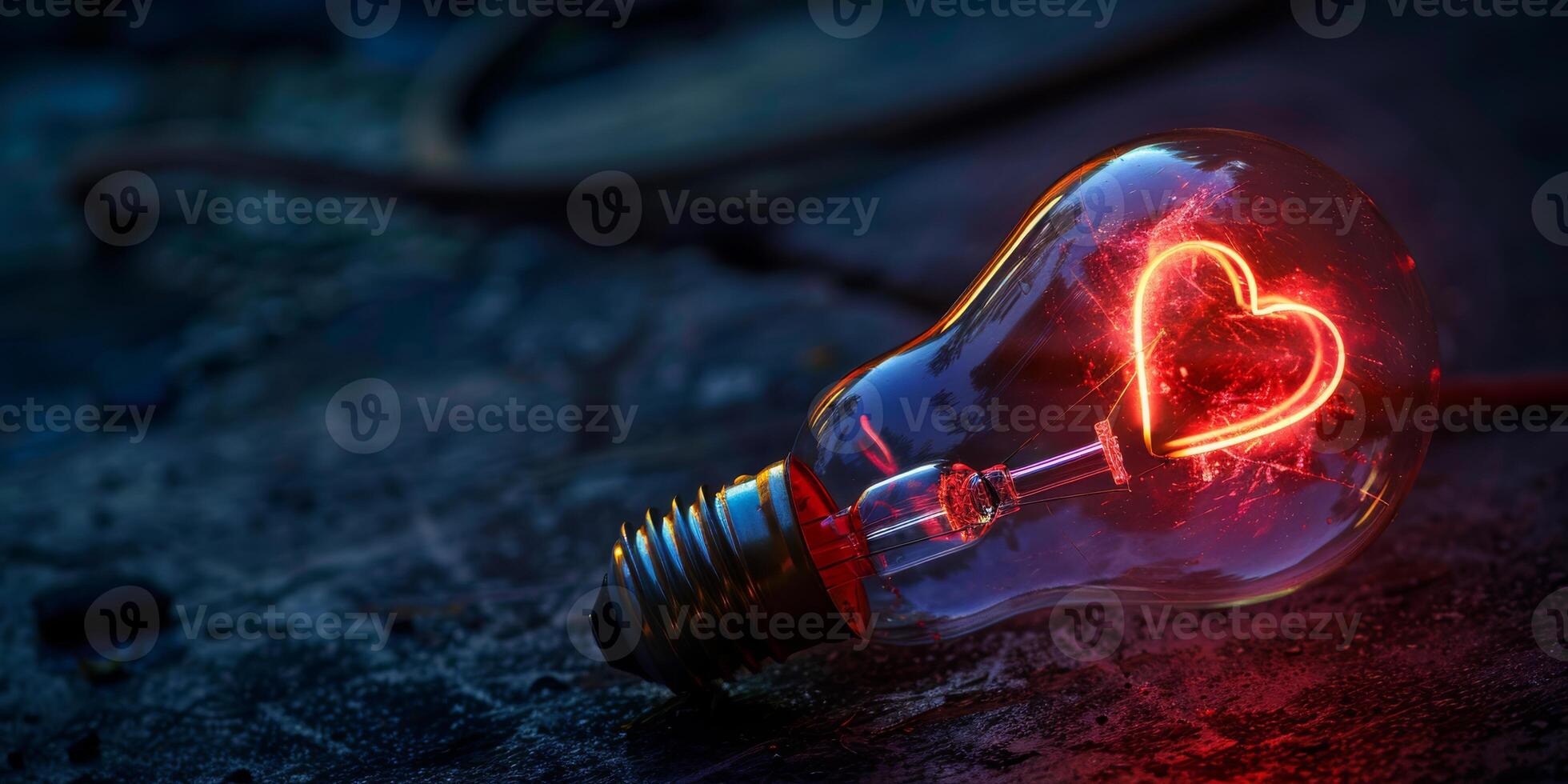 A heartshaped filament glows inside a light bulb, symbolizing affection, beauty, and creativity on a textured surface photo