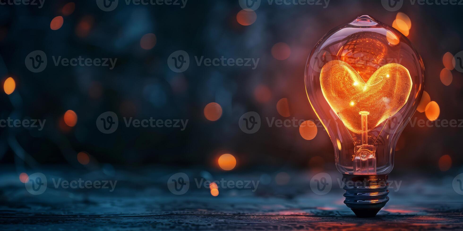 A beautiful light bulb with a heart-shaped filament glowing warmly, set against a dark, bokeh background. photo
