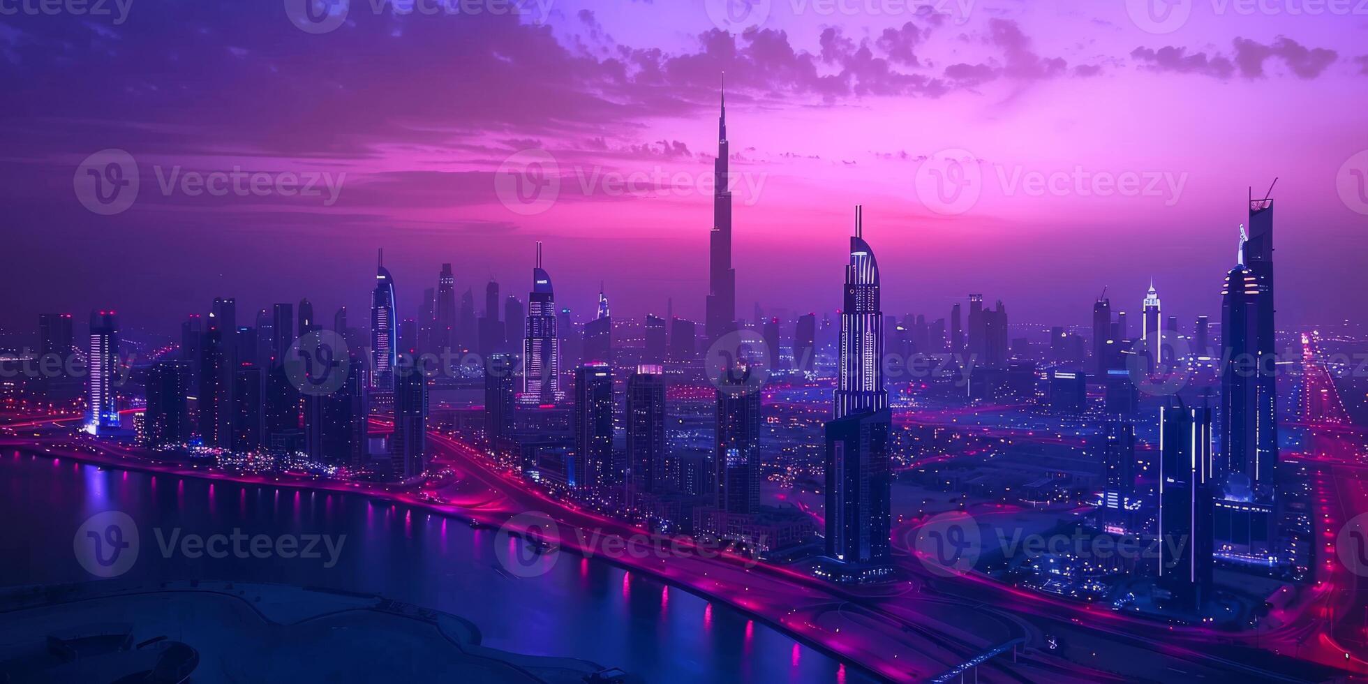 An absolutely breathtaking view showcasing a vibrant city skyline that is beautifully illuminated at dusk photo