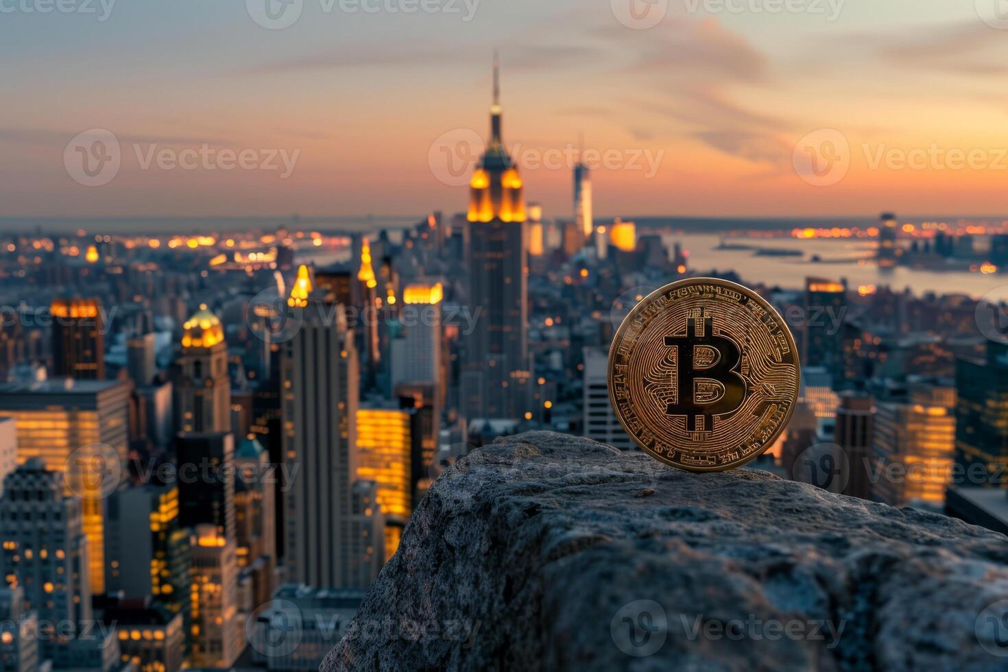 Bitcoin cryptocurrency highlighted against the serene New York City skyline during a beautiful sunset photo