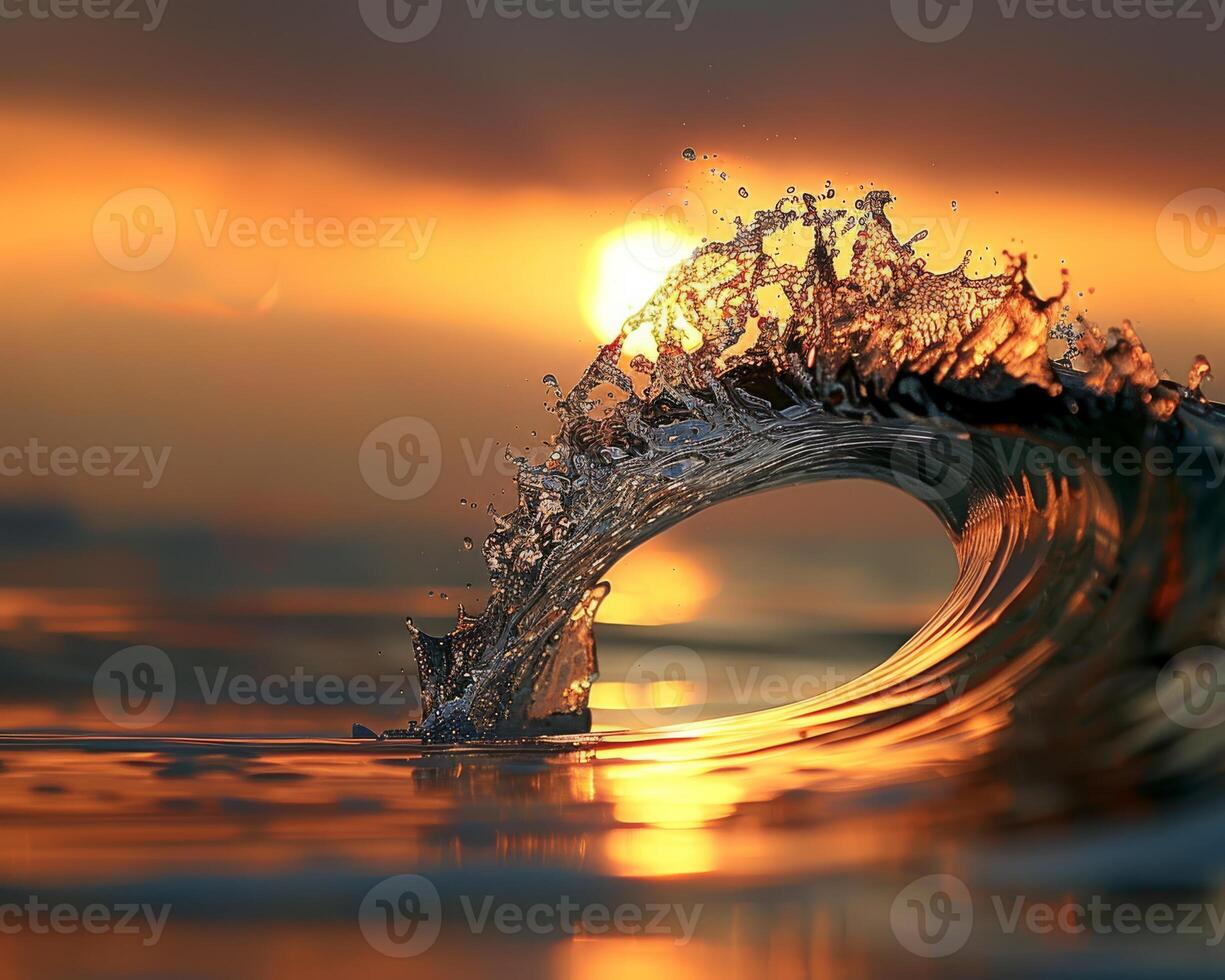 A stunning sunset reflects off the ocean surface, capturing a dynamic wave splash in this beautiful seascape. photo