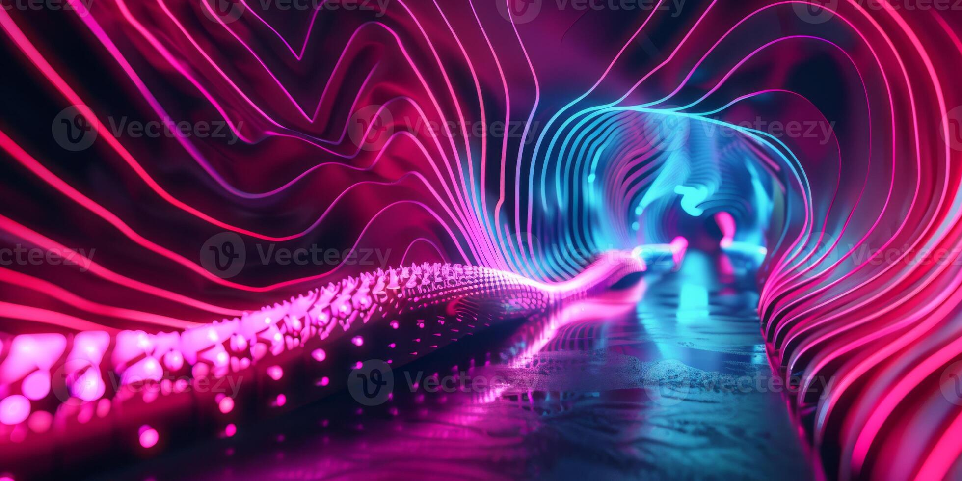 In a tunnel, dynamic neon lights create a futuristic effect with vibrant colors and abstract shapes photo